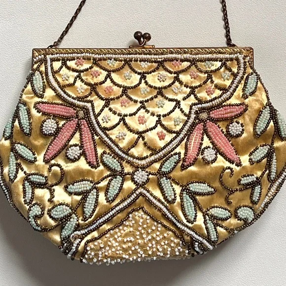 Vintage Beaded Purse Satin Evening Handbag 1940s 1950s Wedding Purse France - Picture 8 of 12